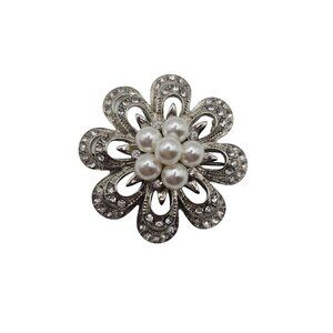 VTG Silver Tone Brooch Rhinestone Faux Cluster Pearls Winter Flower Gift Glam